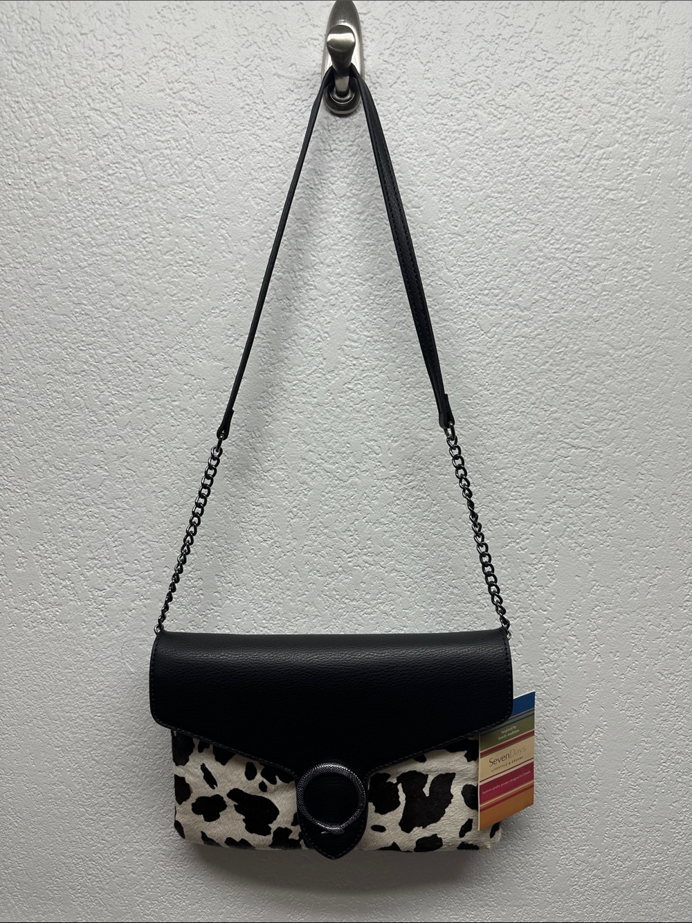 K136 Seven Days Black White Cowhide Leather Shoulder Bag Crossbody Clutch NWT